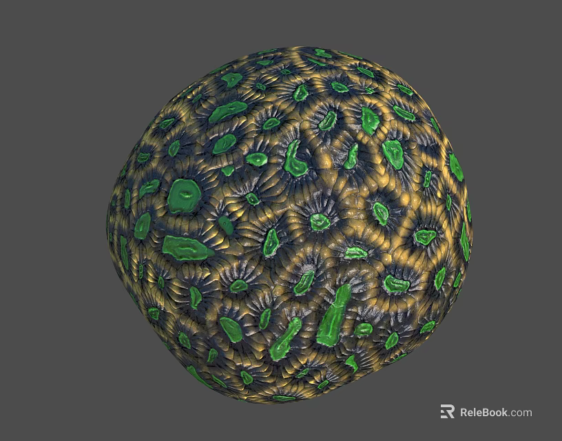 Intricate Coral Polyps With Green And Yellow Textures On Sphere Surface 3d model 