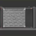 Gray Industrial Storage Equipment With Metal Grid Door Red Warning Stripes And Base Supports