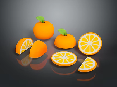 Fresh Ripe Juicy Oranges Whole And Sliced With Green Leaves On Black Surface 3d model