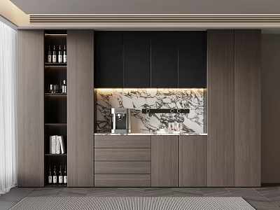 Modern Wooden Sideboard With Marble Countertop And Coffee Machine In Dining Room 3d model