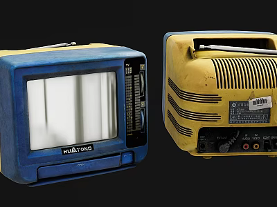 Pair of Vintage Blue And Yellow Televisions With Retro Design 3d model