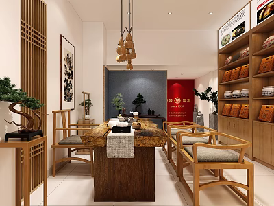 Traditional Tea House Interior With Wooden Furniture And Tea Display Shelves 3d model