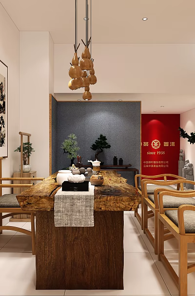 Traditional Tea House Interior With Wooden Furniture And Tea Display Shelves 3d model