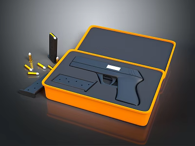 Handgun In Orange Case With Magazines And Bullets On Black Surface 3d model