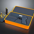 Handgun In Orange Case With Magazines And Bullets On Black Surface