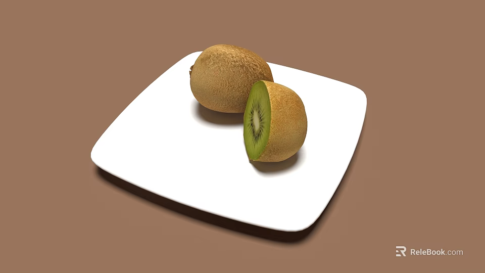 Fresh Kiwi Fruit Sliced on White Plate with Brown Background 3d model 