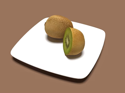Fresh Kiwi Fruit Sliced on White Plate with Brown Background 3d model