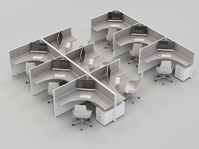 Modern Office Desks Cubicle Workstations With Computer Monitors Office Chairs And Drawers 3d model
