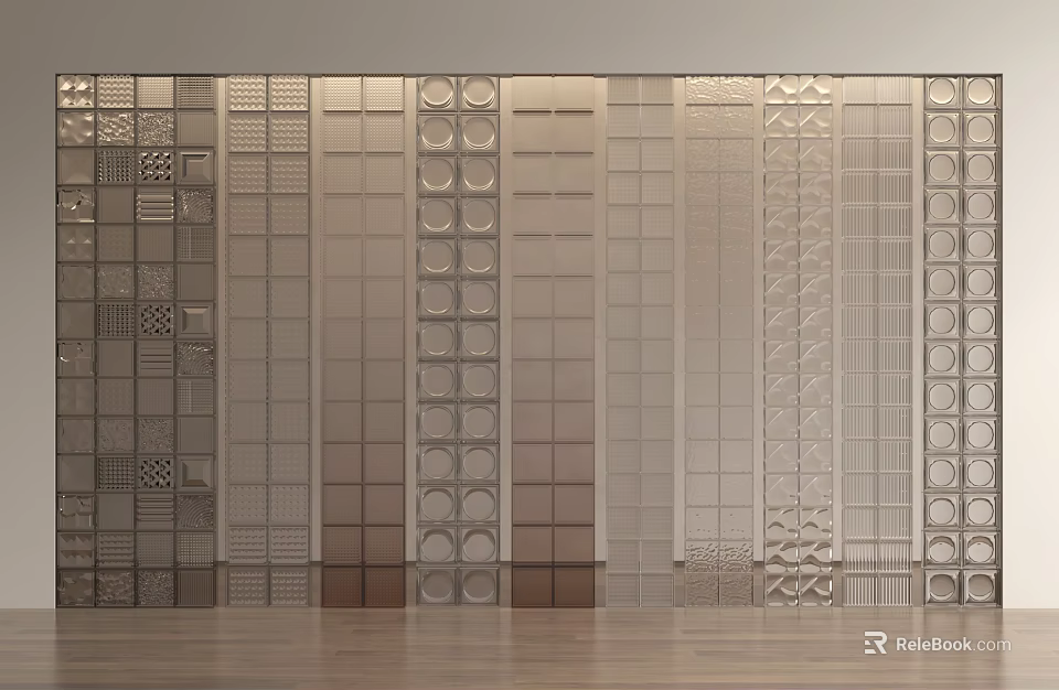 Modern Glass Room Divider With Geometric Patterns And Textured Design Panels 3d model