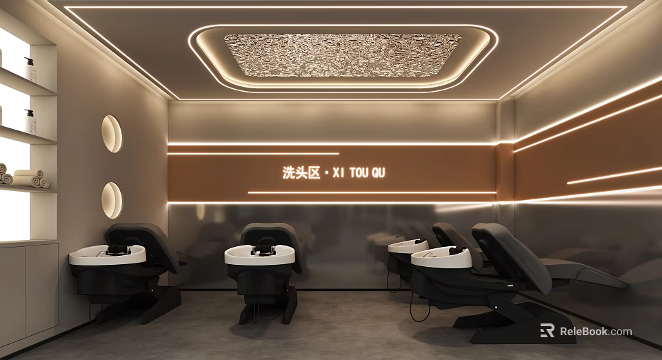 Modern Hair Salon Hair Washing Area With Comfortable Seats And Stylish Lighting Design 3d model 