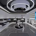 Modern Exhibition Hall Entrance with Display Shelves Glass Doors and Office Area