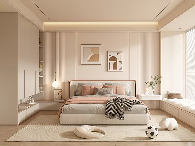 Cozy Beige Kids Room Interior With Bed Pillows Blanket Soccer Ball And Stuffed Toys 3d model