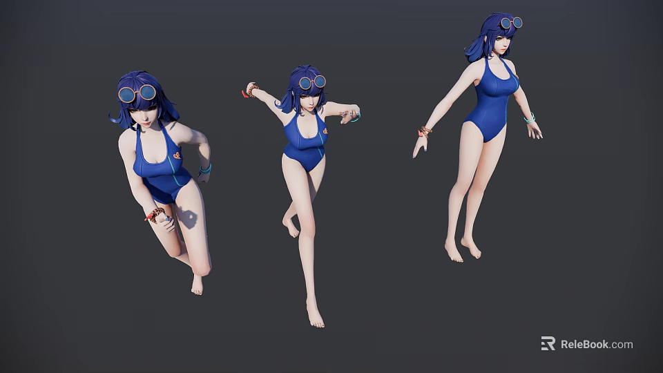 Woman in Blue Swimsuit Wearing Goggles Showing Various Dynamic Action Poses 3d model 