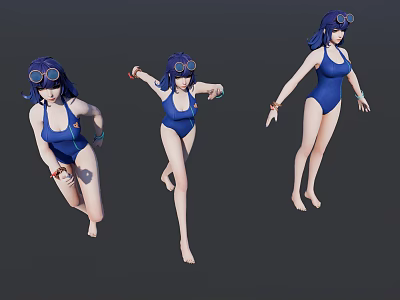 Woman in Blue Swimsuit Wearing Goggles Showing Various Dynamic Action Poses 3d model