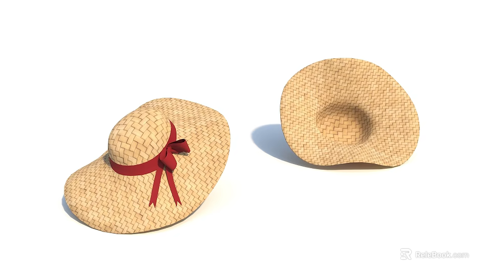 Two Decorative Straw Hats Featuring Red Ribbon Bow And Natural Weave 3d model 