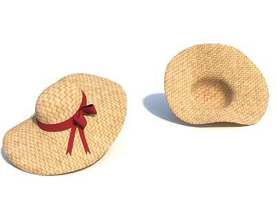 Two Decorative Straw Hats Featuring Red Ribbon Bow And Natural Weave 3d model
