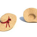 Two Decorative Straw Hats Featuring Red Ribbon Bow And Natural Weave
