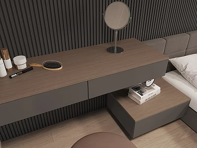 Modern Minimalist Bedroom Interior With Wooden Dressing Table Mirror And Bedside Table 3d model