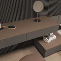 Modern Minimalist Bedroom Interior With Wooden Dressing Table Mirror And Bedside Table