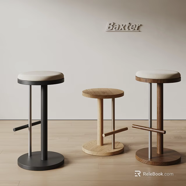 Baxter Modern Stools With Metal And Wooden Frames White Cushions In Light Room 3d model 