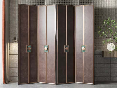 Modern Dark Brown Wooden Room Divider Screen With Copper Trim And Decorative Round Panels 3d model