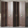 Modern Dark Brown Wooden Room Divider Screen With Copper Trim And Decorative Round Panels
