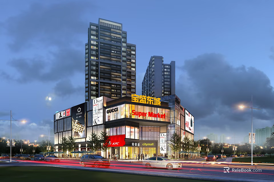 Evening View Of Modern Shopping Mall With High Rise Buildings And Traffic 3d model 
