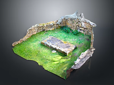 Ancient Ruined Stone Wall Landscape with Lush Green Grass and Central Stone Slab 3d model