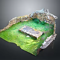 Ancient Ruined Stone Wall Landscape with Lush Green Grass and Central Stone Slab