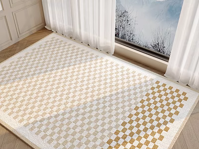 Square Checkered Area Rug in Bright Room With Curtains 3d model