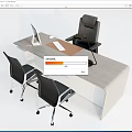 Modern Office Desk With Computer Monitor Keyboard Mouse Pad Table Lamp And Black Chairs