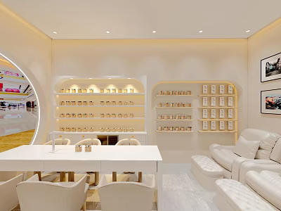Modern Elegant Beauty Hair Salon Interior Design With White Worktable Comfortable Chairs And Product Shelves 3d model
