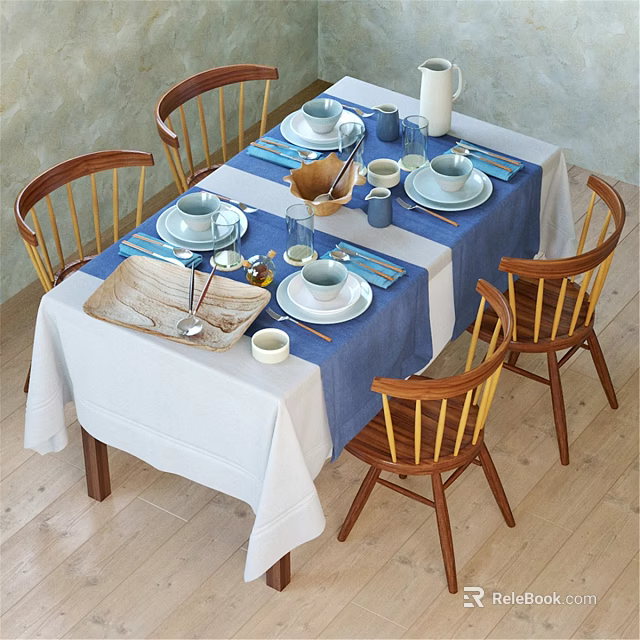 Dining Table And Wooden Chairs Set With Blue White Tablecloth And Tableware 3d model 