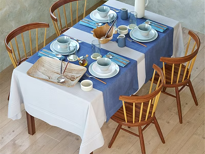 Dining Table And Wooden Chairs Set With Blue White Tablecloth And Tableware 3d model
