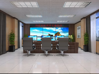 Modern Monitoring Room With Multiple Screens Control Desk Office Chairs Indoor Plants And Wooden Decor 3d model