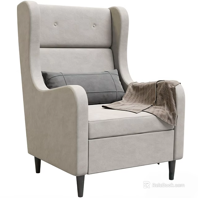 Light Gray Lounge Chair with High Back Gray Cushion Throw Blanket and Dark Legs 3d model 