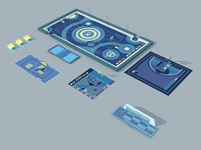 Playground With Multiple Blue Play Zones Circular Activity Areas And Interactive Modules 3d model