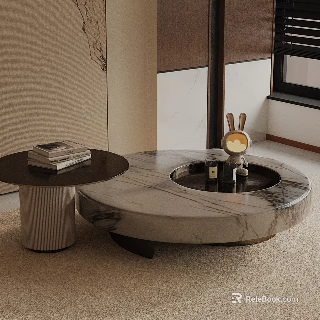 Modern Sofa Coffee Table Set With Round Marble Top Side Table Books And Rabbit Decor 3d model