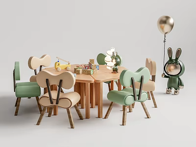 Wooden Children's Table with Green Beige Chairs Gold Balloon and Rabbit Toy 3d model