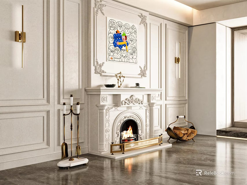 White Paneled Walls With Decorative Painting Above Marble Fireplace Gold Accents And Flames 3d model 