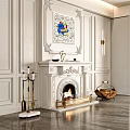 White Paneled Walls With Decorative Painting Above Marble Fireplace Gold Accents And Flames