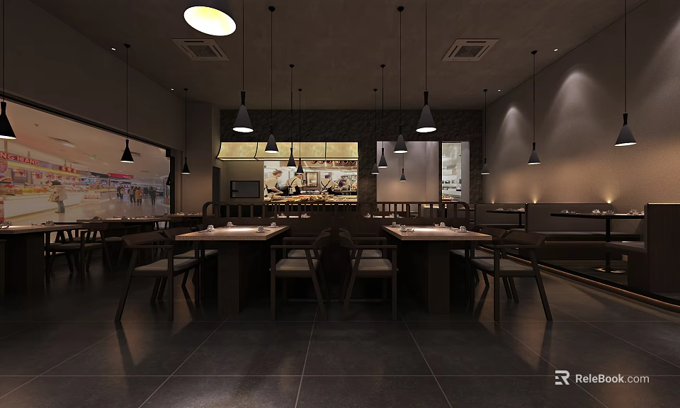 Modern Open Layout Restaurant Interior With Dark Tables Chairs Hanging Lights And Wall Art 3d model 