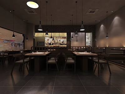 Modern Open Layout Restaurant Interior With Dark Tables Chairs Hanging Lights And Wall Art 3d model