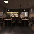 Modern Open Layout Restaurant Interior With Dark Tables Chairs Hanging Lights And Wall Art