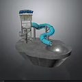 Colorful Water Slide Structure With Pool And Metal Tower On Concrete Base