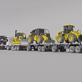 Two White Trucks Loaded With Heavy Tires And Yellow Construction Machinery
