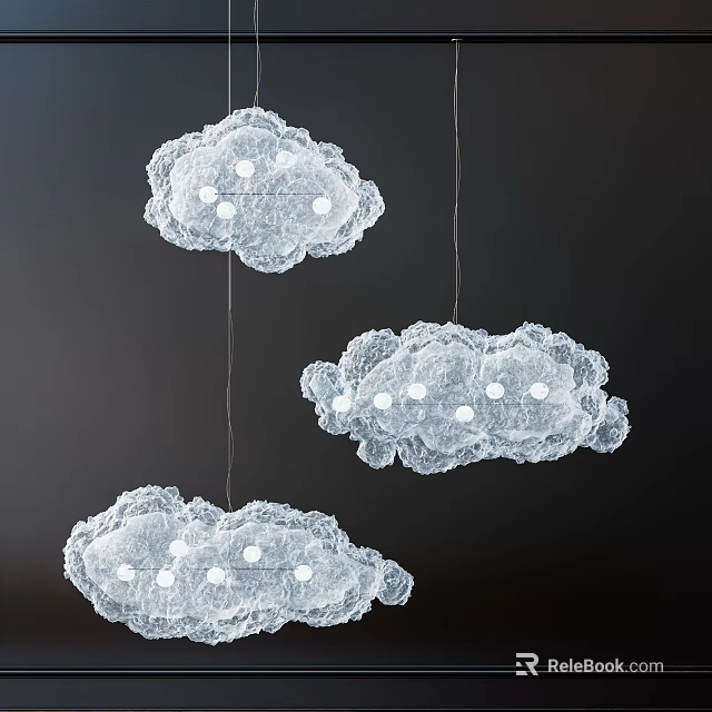 Delicate Cloud Shaped Chandeliers With Lace Design And White Lights Hanging In Dark Background 3d model 