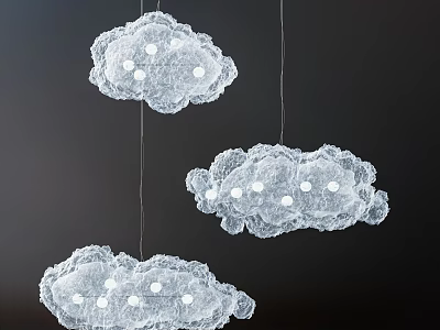Delicate Cloud Shaped Chandeliers With Lace Design And White Lights Hanging In Dark Background 3d model