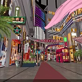 Hong Kong Style Commercial Street With Pink Dragon Decoration And Shoe Store Windows