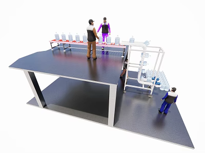 Industrial Equipment Production Line With Workers Operating Bottles And Pipe System 3d model